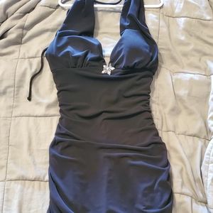 Womens Black Dress with Rhinestone Flower